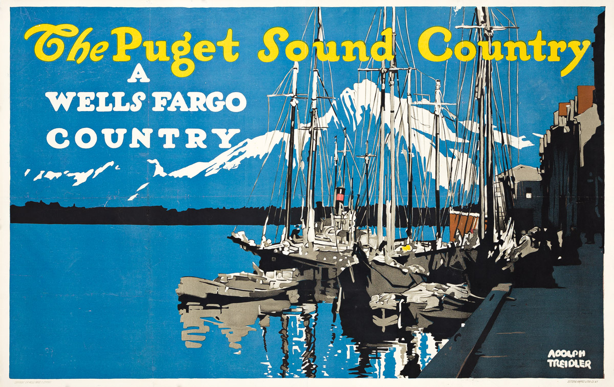 ADOLPH TREIDLER (1886-1981).  THE PUGET SOUND COUNTRY / A WELLS FARGO COUNTRY. 1918. 33½x53¾ inches, 85x136½ cm. Seiter & Kappes Litho.